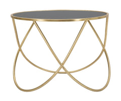 Table basse ronde en métal doré et verre noir