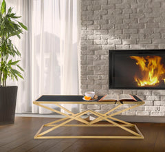 Table basse rectangulaire Piramid en métal doré et verre noir trempé
