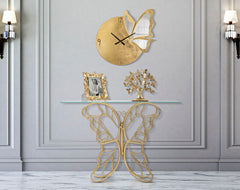 Console Papillon en métal doré avec plateau en verre