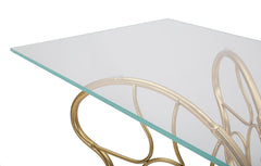 Console Papillon en métal doré avec plateau en verre