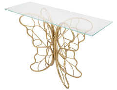 Console Papillon en métal doré avec plateau en verre