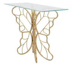 Console Papillon en métal doré avec plateau en verre