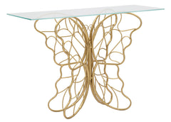 Console Papillon en métal doré avec plateau en verre