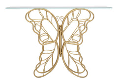 Console Papillon en métal doré avec plateau en verre