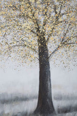 Peinture murale arbre en toile tons pastel et chauds avec cadre en bois