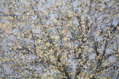 Peinture murale arbre en toile tons pastel et chauds avec cadre en bois