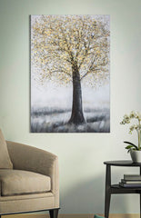 Peinture murale arbre en toile tons pastel et chauds avec cadre en bois