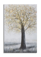 Peinture murale arbre en toile tons pastel et chauds avec cadre en bois