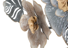 Panneau mural décoratif en métal 3D motifs feuilles et fleurs couleurs gris et bronze