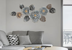 Panneau mural décoratif en métal 3D motifs feuilles et fleurs couleurs gris et bronze