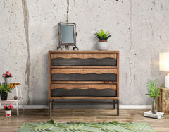 Commode en acacia massif 3 tiroirs pieds métal noir