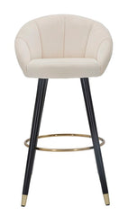 Tabouret de bar Velours Crème pieds bois et décorations métal doré