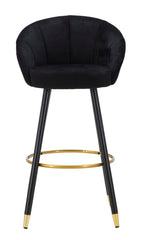 Tabouret de bar Prague Velours Noir pieds bois et décorations métal doré