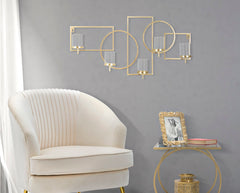 Porte-bougie mural géométrique en métal doré avec 5 porte-bougies en verre