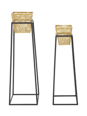 Ensemble de vases porte-vases métal doré et support métal noir