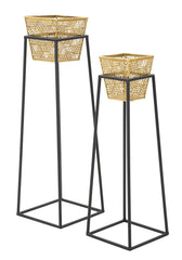 Ensemble de vases porte-vases métal doré et support métal noir