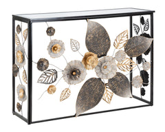 Console décorative en métal Noir et verre miroir avec motifs floraux