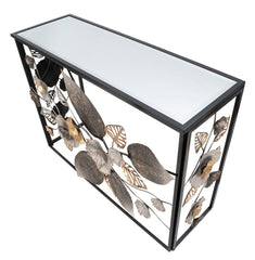 Console décorative en métal Noir et verre miroir avec motifs floraux