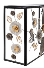 Console décorative en métal Noir et verre miroir avec motifs floraux