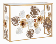 Console Floris en métal doré et verre miroir ornée de feuilles et fleurs