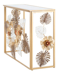 Console Floris en métal doré et verre miroir ornée de feuilles et fleurs