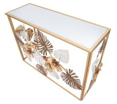 Console Floris en métal doré et verre miroir ornée de feuilles et fleurs