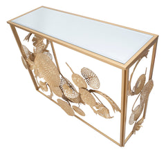 Console en métal doré et plateau en verre miroir