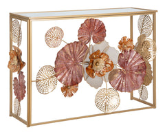 Console en métal doré avec plateau en verre miroir décorée de feuilles et fleurs colorées