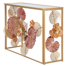 Console en métal doré avec plateau en verre miroir décorée de feuilles et fleurs colorées
