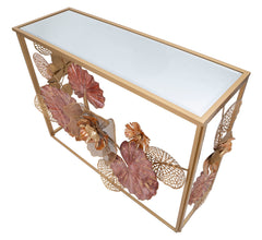 Console en métal doré avec plateau en verre miroir décorée de feuilles et fleurs colorées
