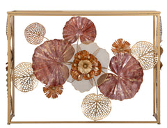 Console en métal doré avec plateau en verre miroir décorée de feuilles et fleurs colorées