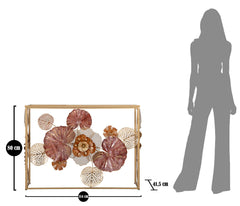 Console en métal doré avec plateau en verre miroir décorée de feuilles et fleurs colorées