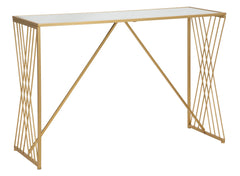 Console rectangulaire en métal doré avec plateau en verre miroir