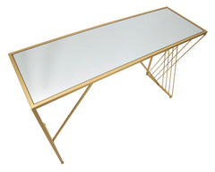 Console rectangulaire en métal doré avec plateau en verre miroir