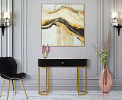 Console rectangulaire Montpellier Tissu rembourré Noir dessus imitation marbre Structure métal doré