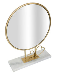 Miroir de table rond cadre métal doré et base marbre blanc