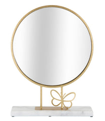 Miroir de table rond cadre métal doré base marbre blanc avec papillon