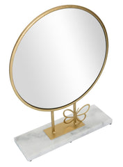 Miroir de table rond cadre métal doré base marbre blanc avec papillon