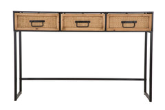 Console avec 2 tiroirs tissés et structure en métal Noir et Bois naturel