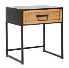Chevet structure métal Noir tiroir bois tissé Rattan naturel
