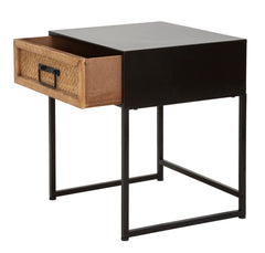 Chevet structure métal Noir tiroir bois tissé Rattan naturel