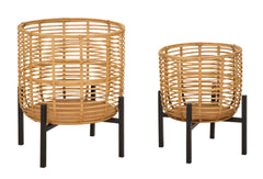 Porte-vases ronds en rotin avec piédestal métal Noir