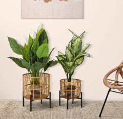 Porte-vases ronds en rotin avec piédestal métal Noir