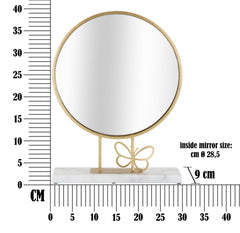Miroir de table rond cadre métal doré base marbre blanc avec papillon