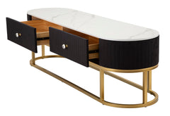 Meuble TV Montpellier avec tiroir Tissu matelassé Noir et Simili-marbre dessus Métal doré