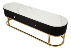 Meuble TV Montpellier avec tiroir Tissu matelassé Noir et Simili-marbre dessus Métal doré