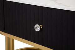 Meuble TV Montpellier avec tiroir Tissu matelassé Noir et Simili-marbre dessus Métal doré