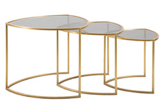 Table basse triangulaire en verre et métal doré, ensemble 3 pièces