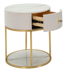 Table de chevet ronde MONTPELLIER imitation marbre et tissu matelassé Crème pieds métal doré