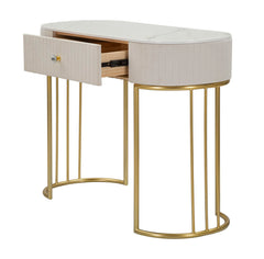 Console rectangulaire Montpellier Tissu matelassé Crème dessus faux marbre et structure métal doré